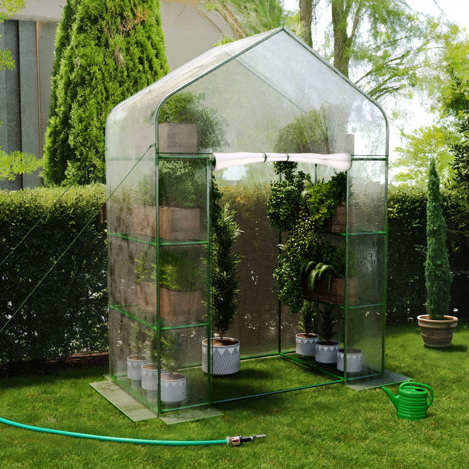 Serra Da Giardino Per Orto Con 8 Ripiani In Metallo Telaio A Casetta Acciaio Telo Trasparente PVC Porta Avvolgibile Apertura Cerniera 143x74x195 Cm