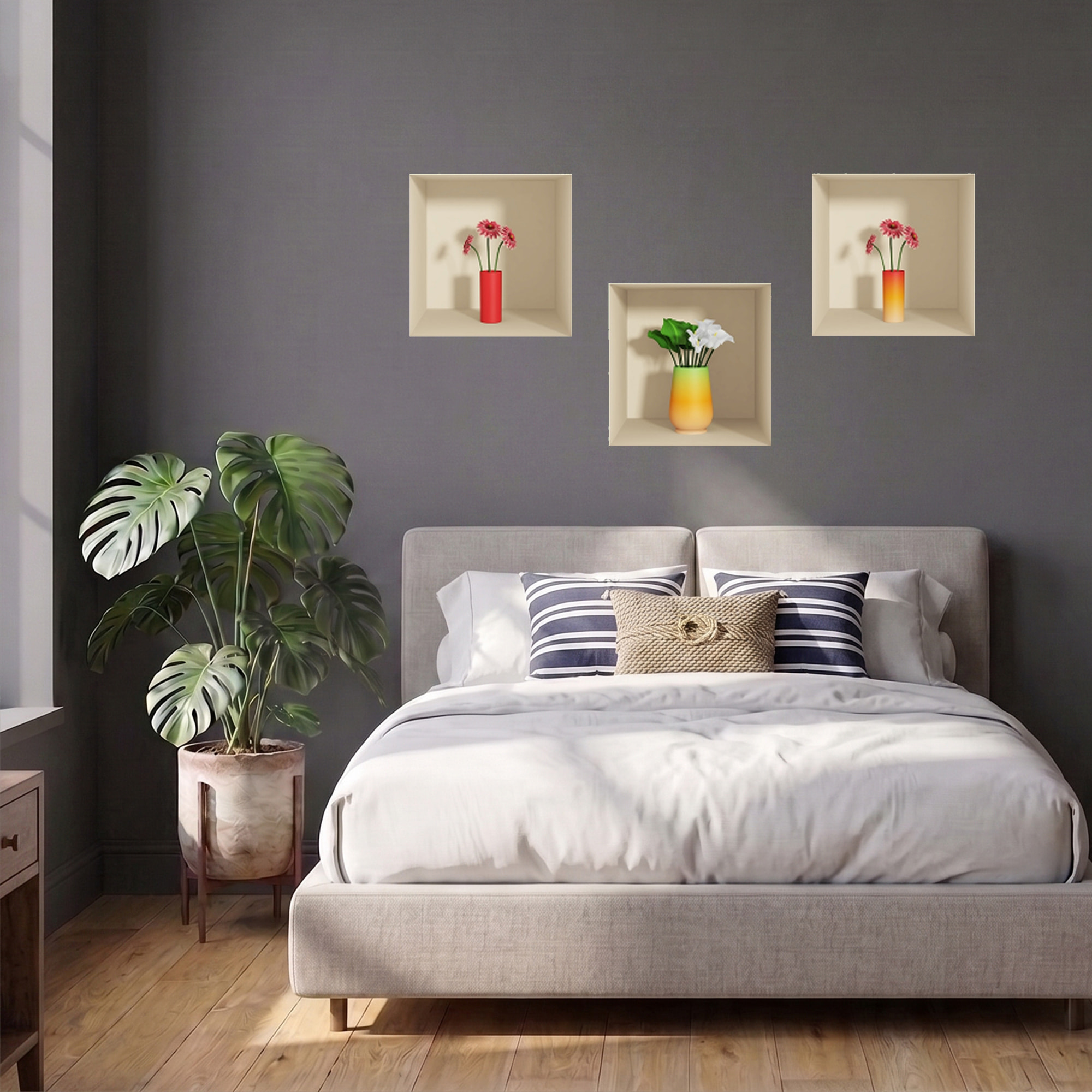 Stickers muraux 3D | Sticker Mural Autocollant effet 3D fleurs rouge et blanc - Stickers adhésifs 3D Chambre Salon Trompe l'oeil