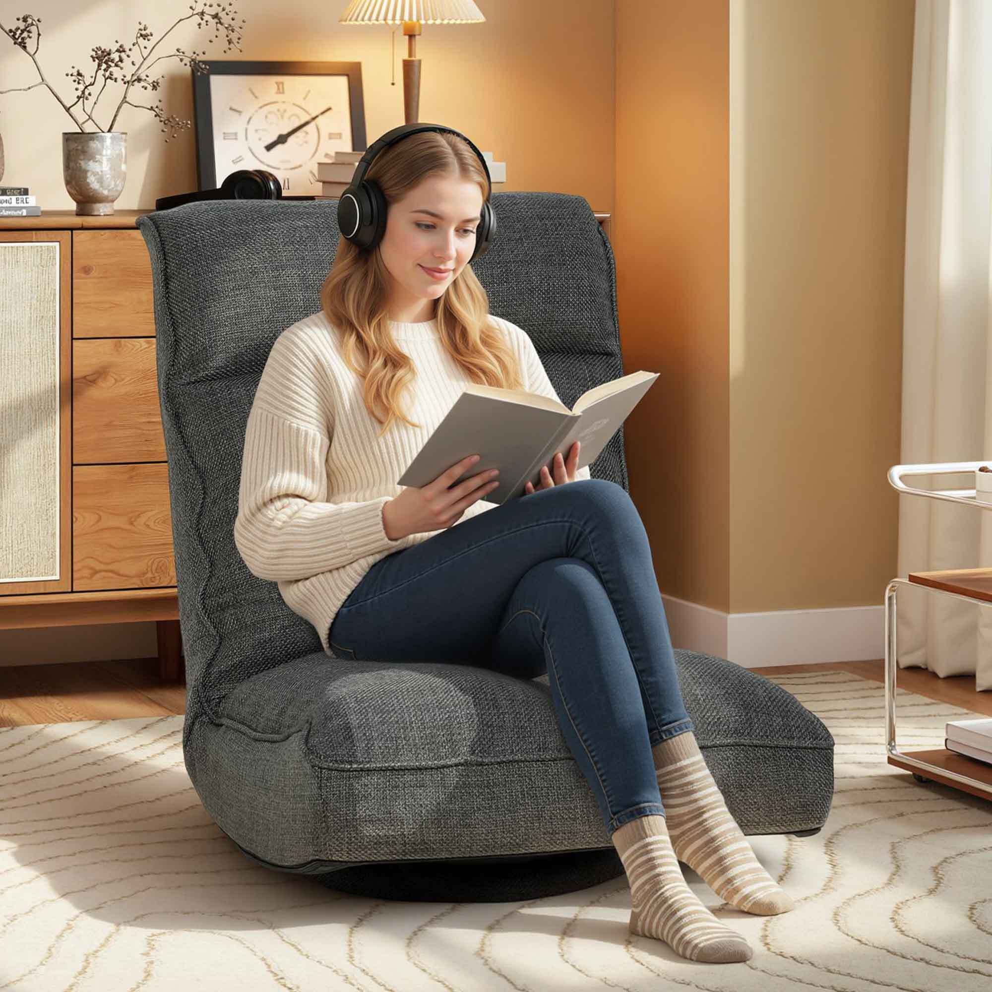 Fauteuil de sol pliable pivotant à 360° dossier réglable lin gris