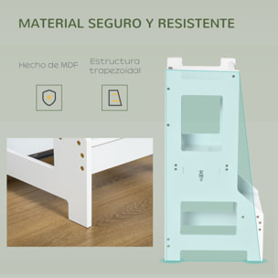 Torre de Aprendizaje para Niños 3-6 Años de Madera Taburete de Cocina Infantil Convertible en Escritorio con Pizarra Pedal y Barra de Seguridad para Baño 42x44x86 cm Blanco