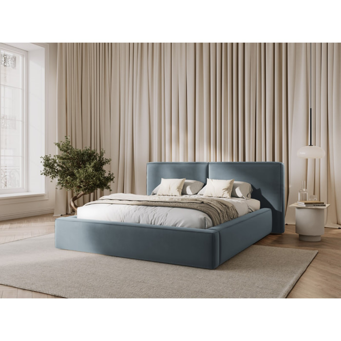 Lit coffre avec tête de lit double "Arendal" 140x200cm en velours bleu clair