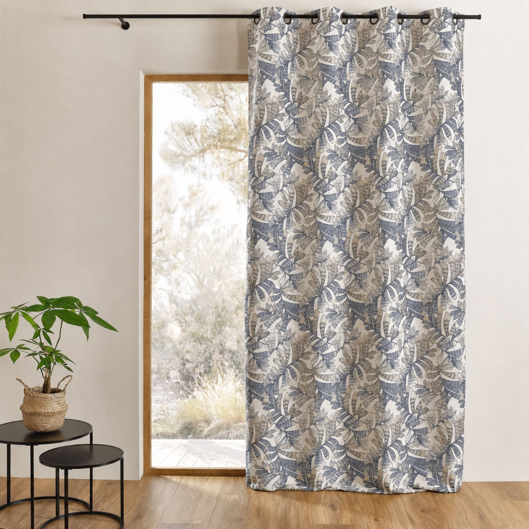 Rideau tamisant jacquard à motifs végétaux - Bleu