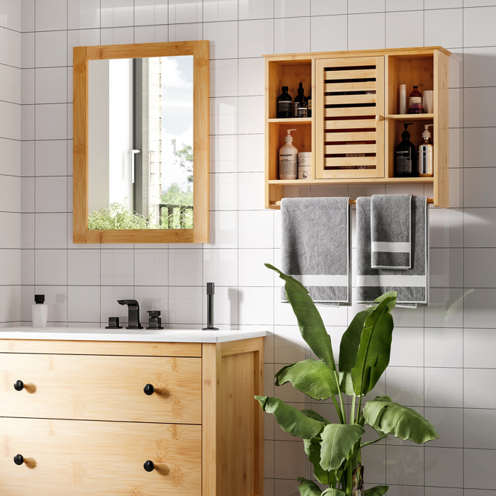 kleankin Armario de Pared de Bambú Mueble Colgante de Baño con Puerta Magnético 4 Compartimientos de Almacenaje y Barra para Colgar para Cocina Dormitorio Ducha 65x17,8x54,6 cm Natural