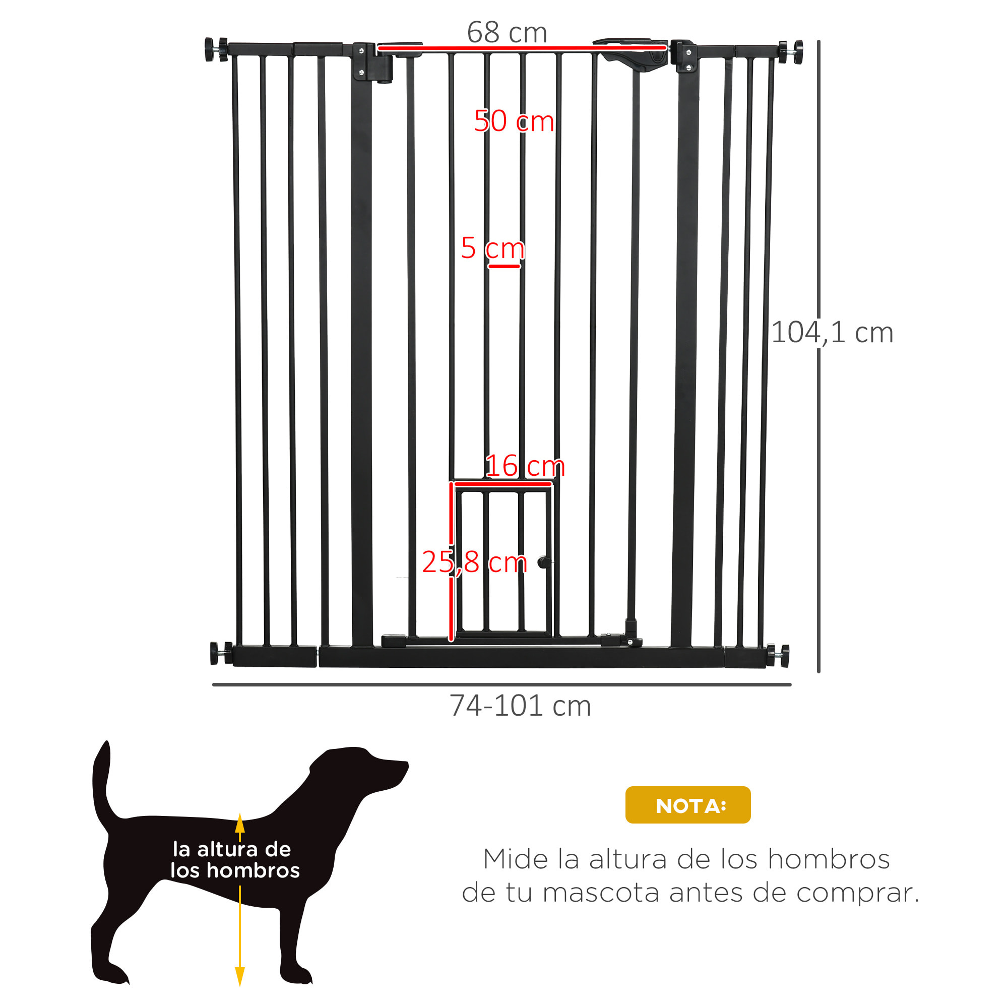 Barrera de Seguridad para Perros con 1 Puerta Pequeña Barrera para Mascotas Extensible con Cierre Automático y Sistema de Doble Bloqueo para Puerta Pasillo Escalera 74-101x104,1 cm Negro