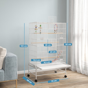 Cage à oiseaux sur roulettes - étagère, plateau déjection, 3 perchoirs, 4 mangeoirs, 2 portes, 8 trappes, accessoires - acier blanc