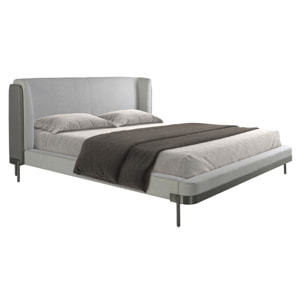 Cama Angel Cerdá de matrimonio con un cabecero y estructura en tela en gris claro y patas de acero inoxidable pulido oscurecido 218x229x105cm