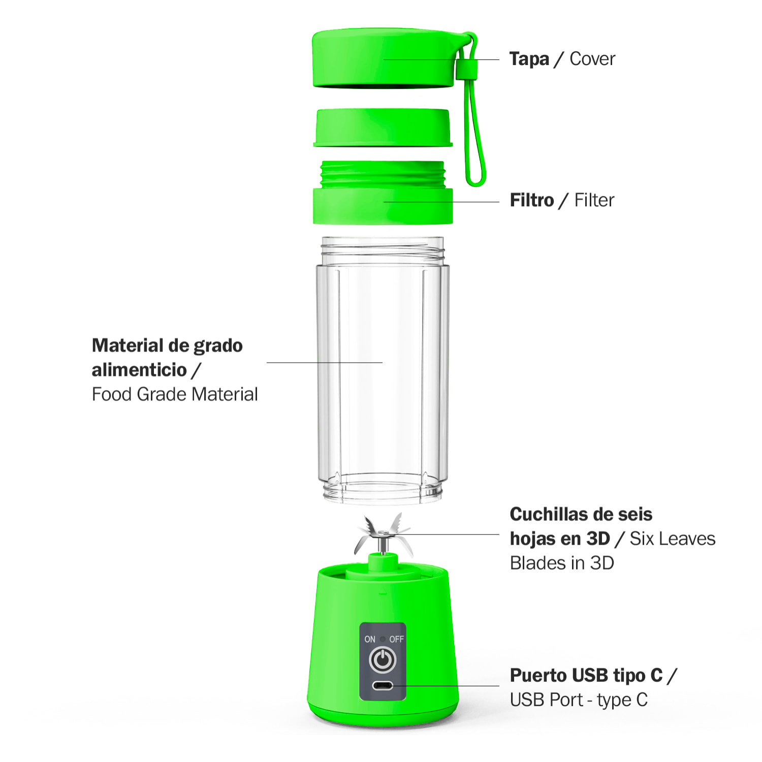 Batidora portátil 6S de 380 ml con 6 cuchillas de acero inoxidable, con 75W y batería recargable de 2000mAh.