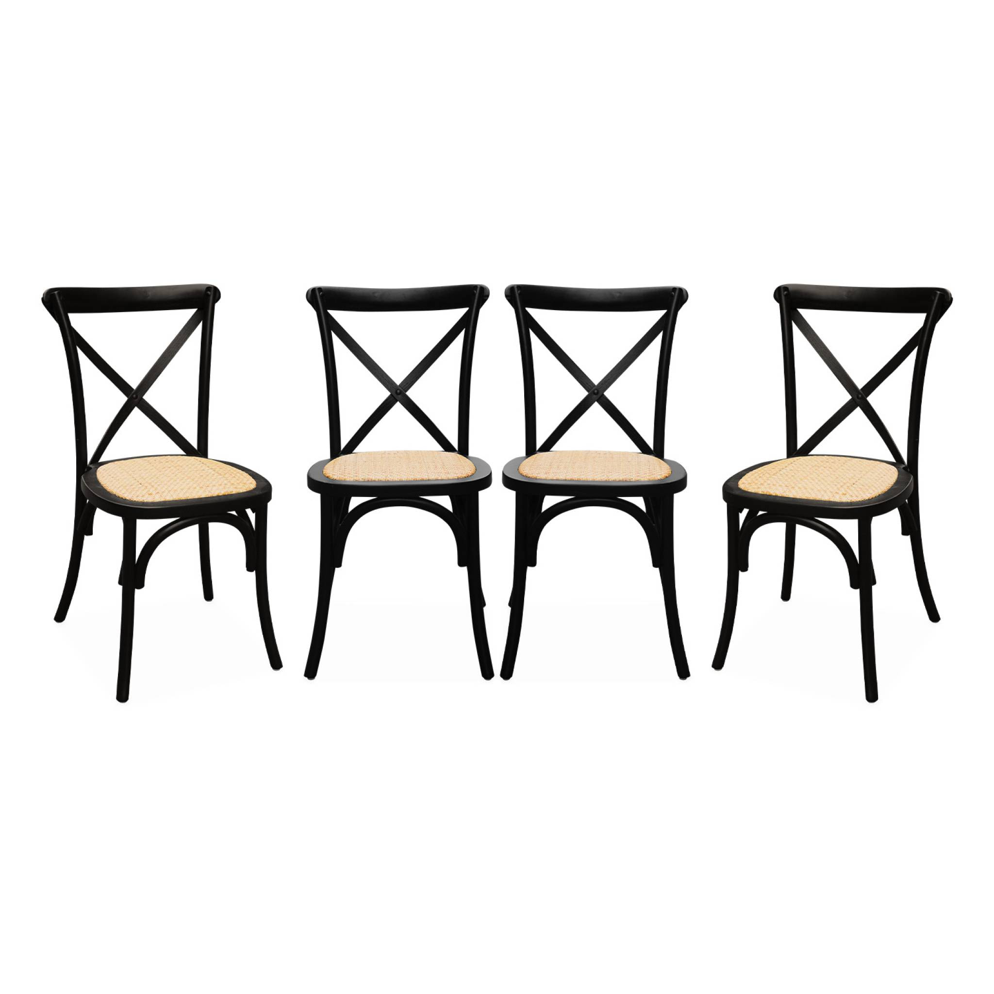 Lot de 4 chaises de bistrot en bois d'hévéa noir. vintage. assise en rotin. empilables