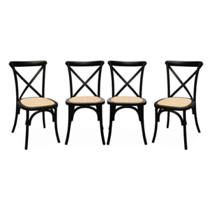 Lot de 4 chaises de bistrot en bois d'hévéa noir. vintage. assise en rotin. empilables