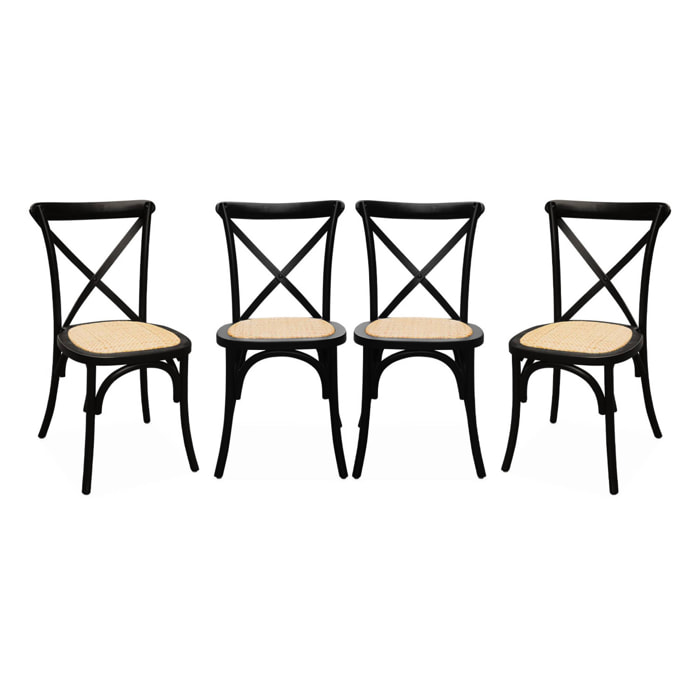 Lot de 4 chaises de bistrot en bois d'hévéa noir. vintage. assise en rotin. empilables