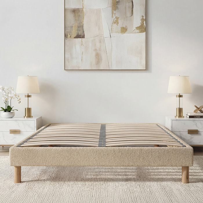 Sommier en Kit Tissu Laine Bouclée Beige, Lattes Bois, Soutien Ferme, Montage Rapide
