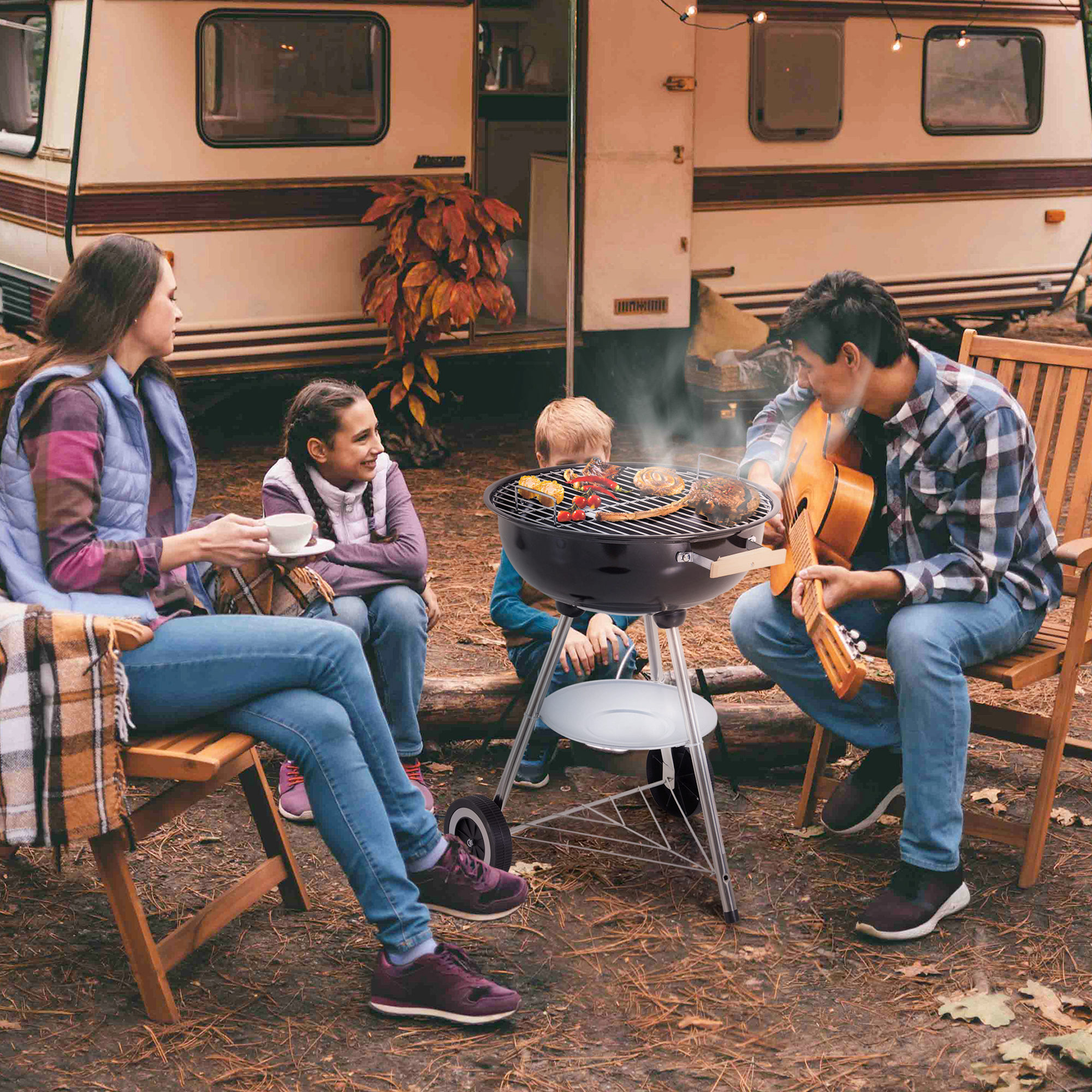 Barbecue à charbon dia. 46 cm couvercle étagère ouïes aération récupérateur cendres noir