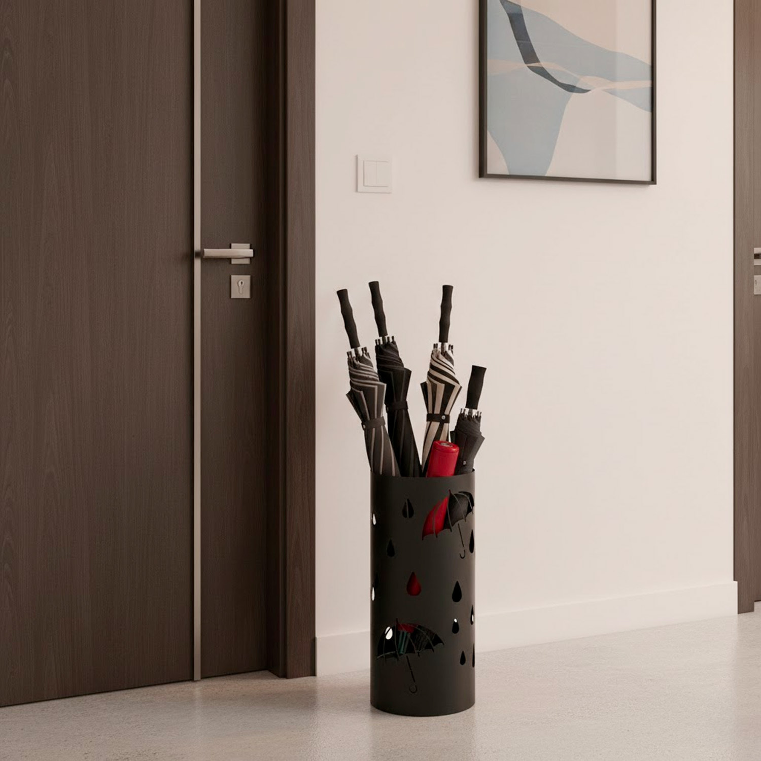 Portaombrelli Rotondo In Acciaio Zincato Con Vaschetta Scolapioggia E 4 Ganci Removibili Base Antiscivolo Design Moderno Ingresso 41 x 17 Cm Nero