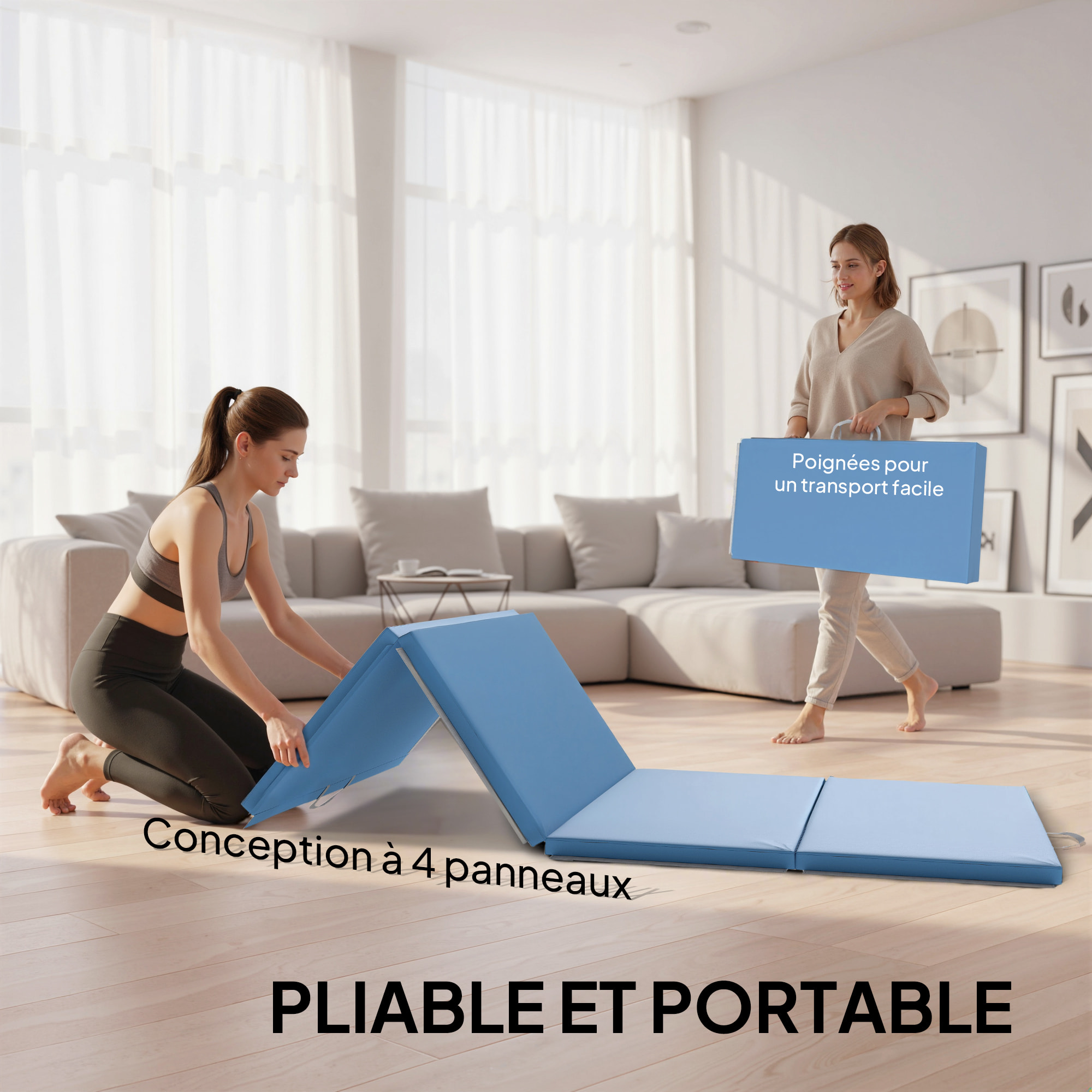 Tapis de gym yoga fitness pliable - poignée - revêtement synthétique - bleu