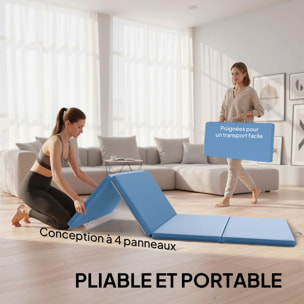 Tapis de gym yoga fitness pliable - poignée - revêtement synthétique - bleu
