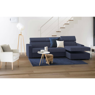 Divano fisso Marica, Divano ad angolo, 100% Made in Italy, Sofà Soggiorno con chaise longue, in tessuto imbottito - Penisola contenitore Destra, con Braccioli standard, Cm 280x95h85, Blu