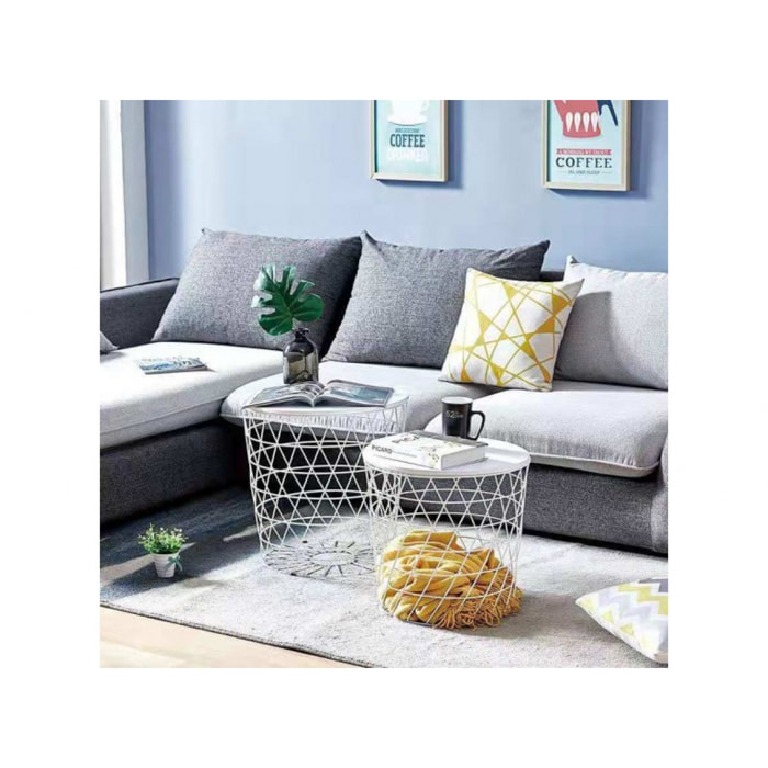 Set de 2 tables basses gigognes rondes filaires en métal blanc - FIL
