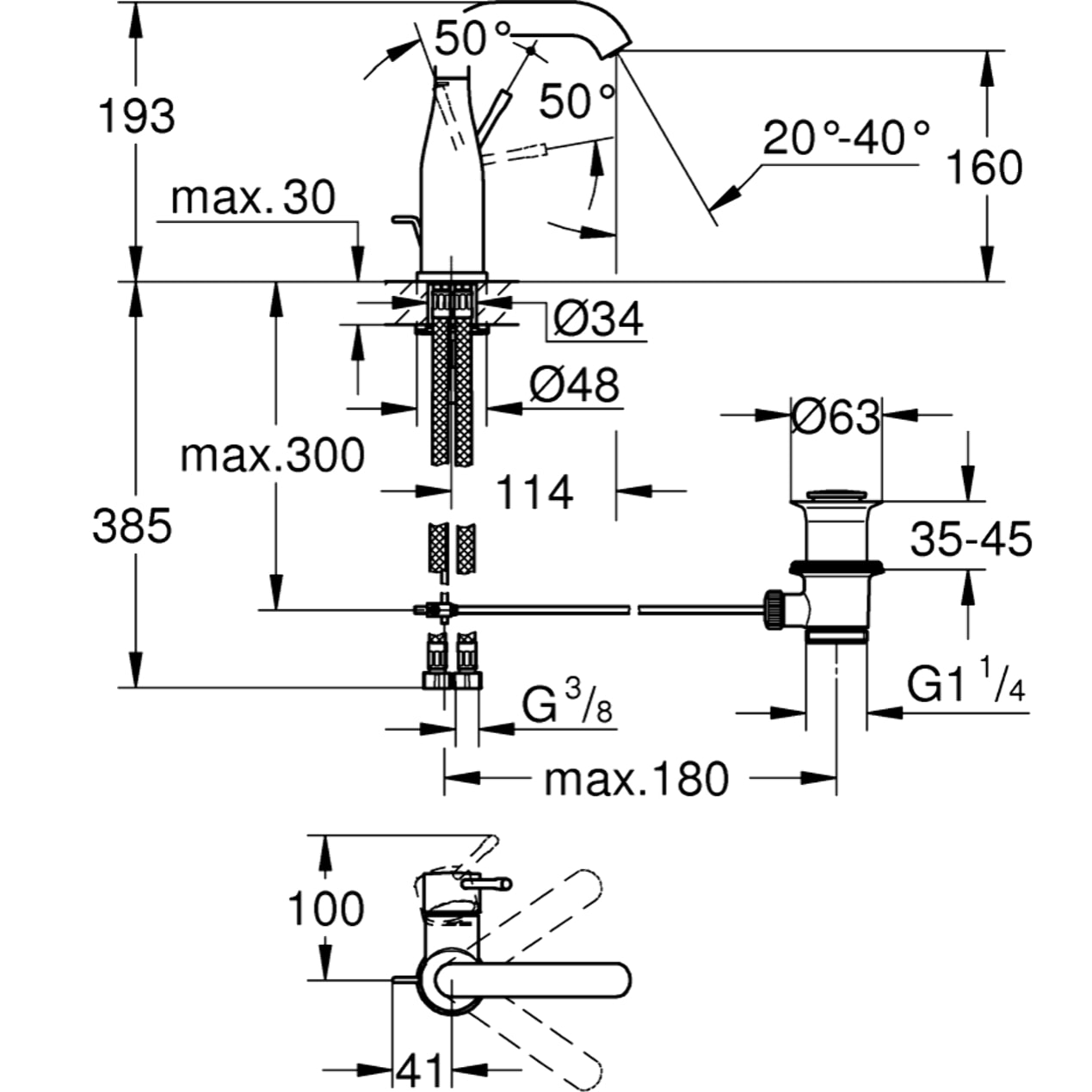 Mitigeur monocommande Lavabo Essence, Taille M, finition Supersteel