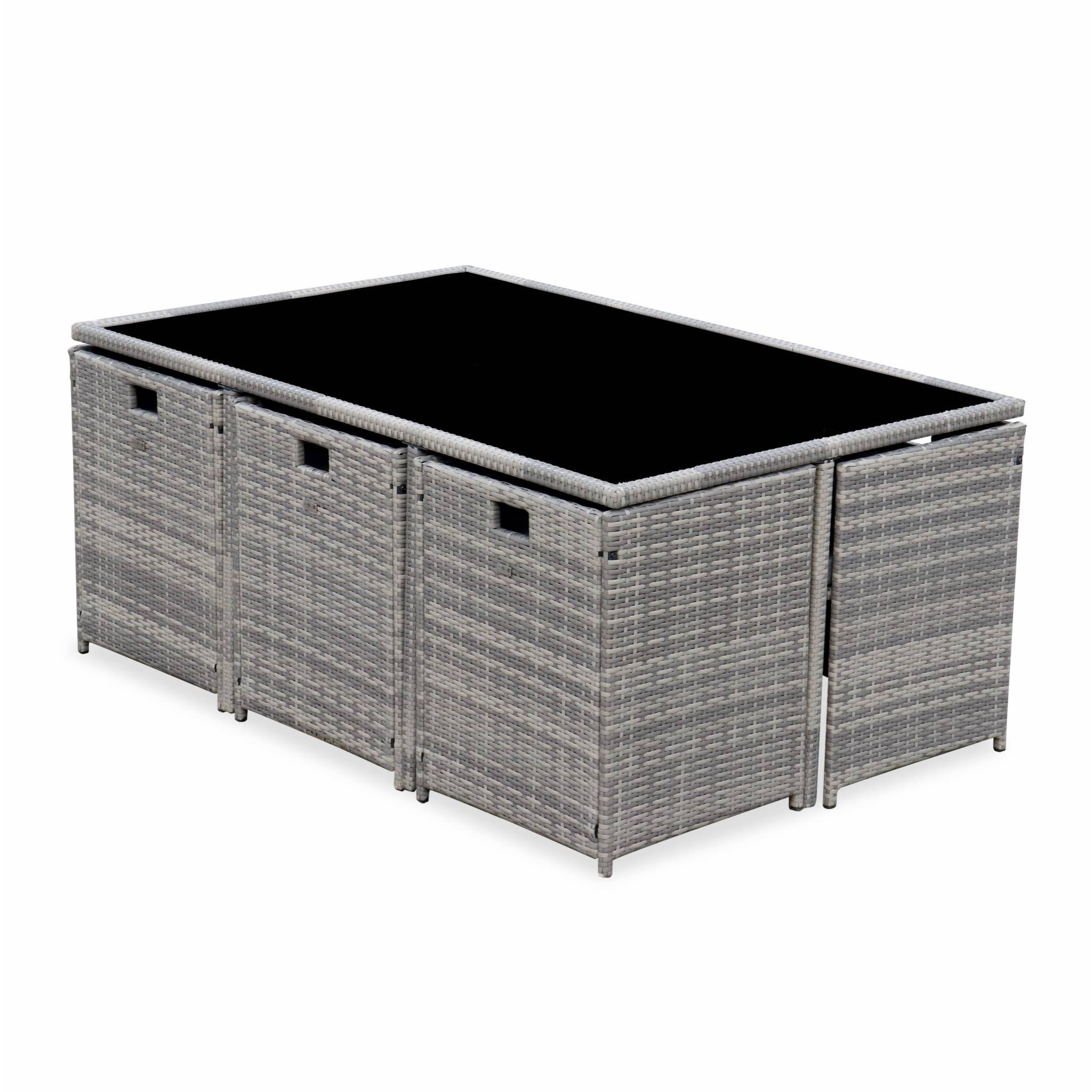 Table de jardin encastrable résine + 10 assises - Vabo - Coloris Nuances de gris. Coussins gris chiné. table encastrable.