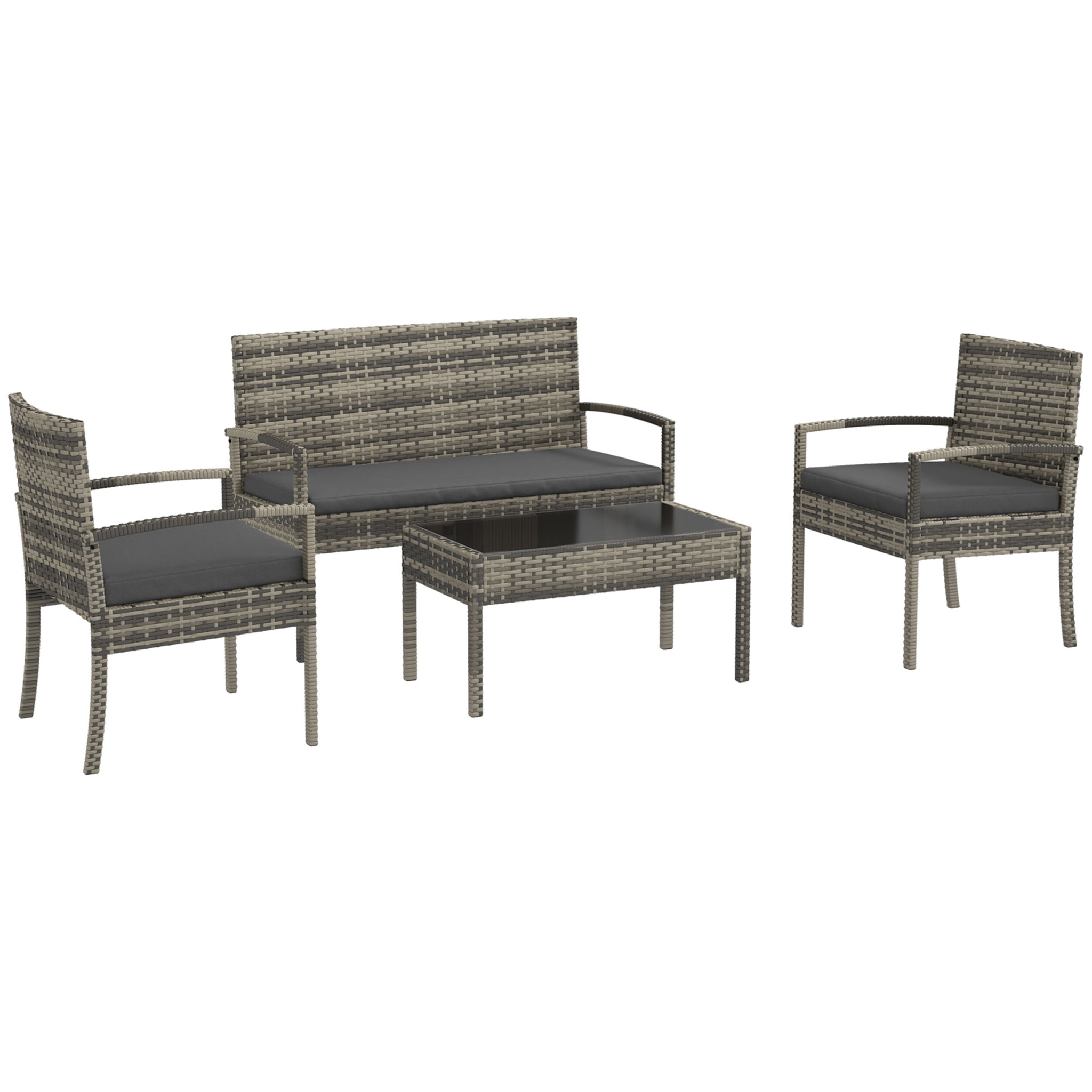 Conjunto de Jardín de Ratán Sintético Juego de 4 Piezas Muebles de Jardín con 2 Sillones 1 Sofá de 2 Plazas y 1 Mesa de Centro de Tablero de Vidrio para Patio Gris