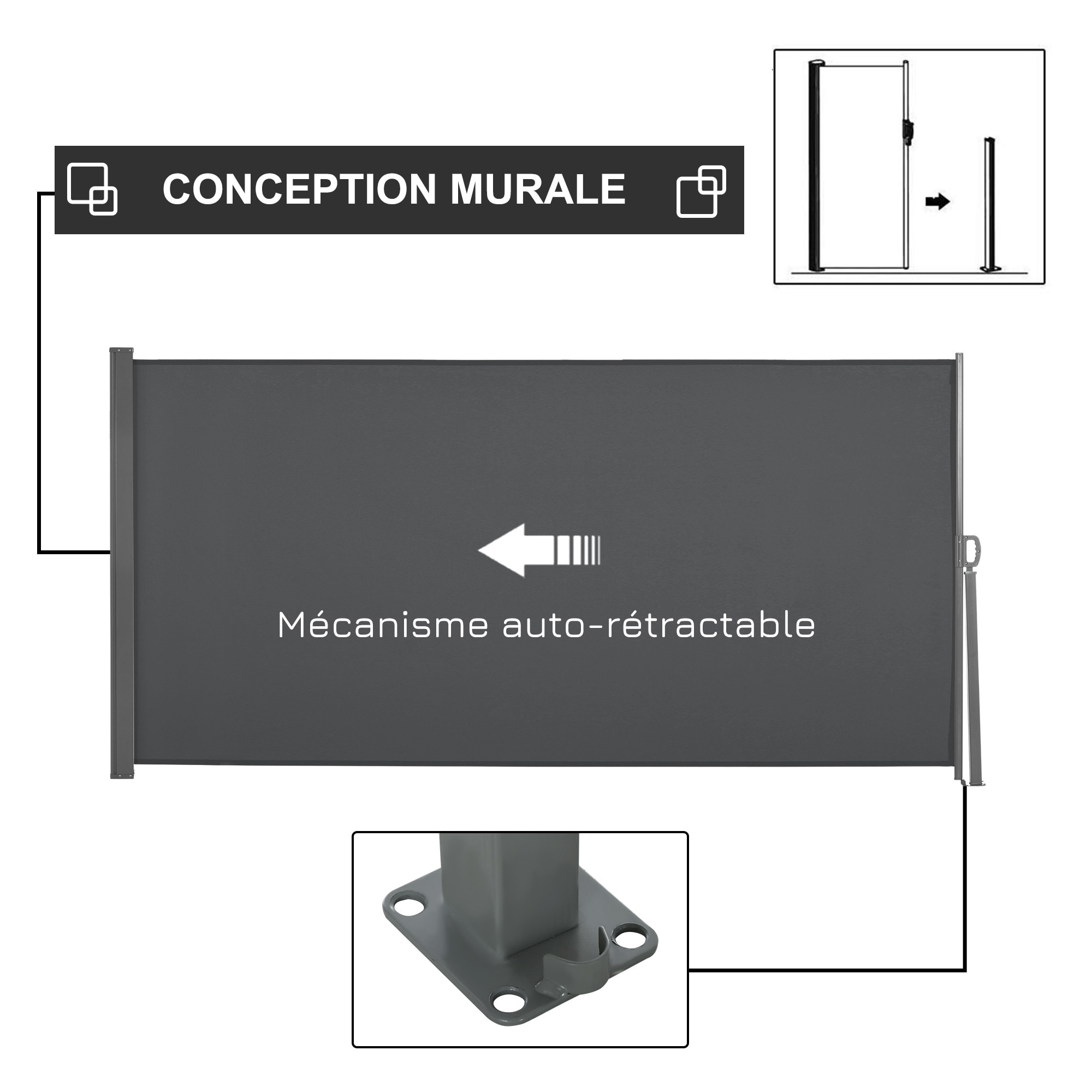 Store latéral brise-vue paravent rétractable dim. 3L x 1,6H m métal polyester imperméable anti-UV haute densité 180g/m² gris