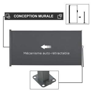 Store latéral brise-vue paravent rétractable dim. 3L x 1,6H m métal polyester imperméable anti-UV haute densité 180g/m² gris