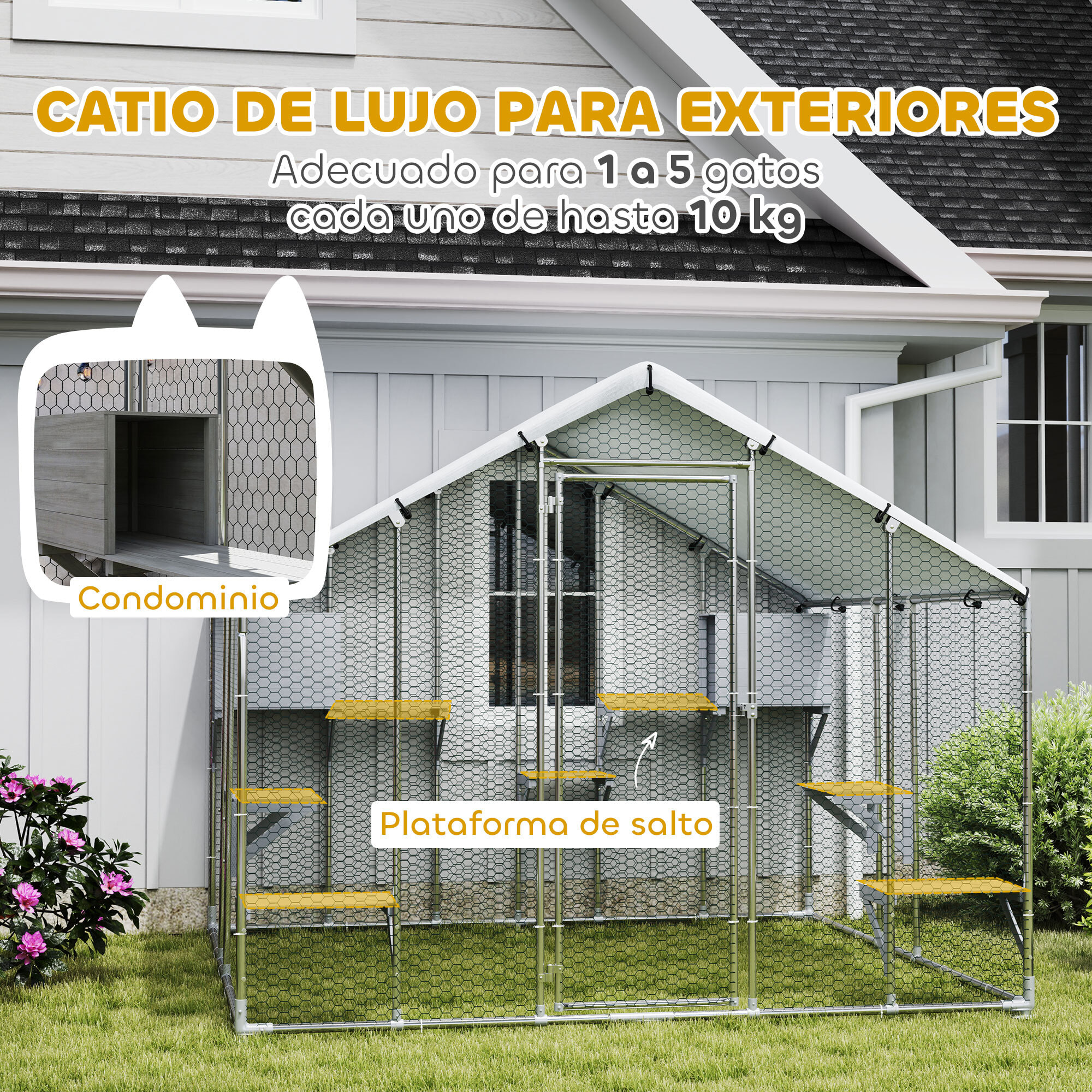Jaula Grande para Gatos Exterior, Recinto para Gatos con 2 Casitas, 7 Plataformas para Saltar, Cubierta Impermeable y Anti-UV, Parque para 5 Gatitos, Conejos, 240x193x195 cm, Plata