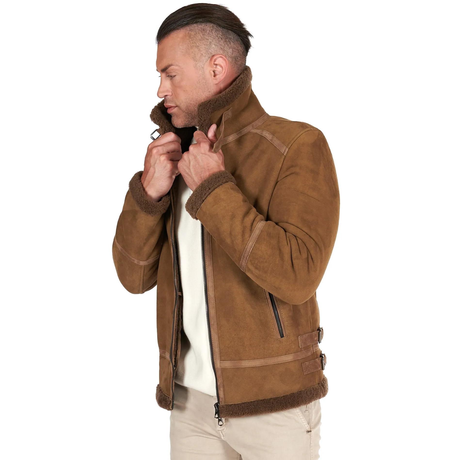 Montone scamosciato cuoio Shearling biker uomo collo camicia