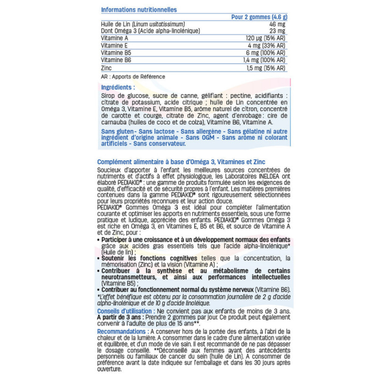 PEDIAKID - Gommes Oméga 3 - Formule Naturelle au Délicieux Arôme de Citron - Soutient les Fonctions Cognitives - Favorise la Croissance et le Développement Cérébral - Lot de 3 piluliers