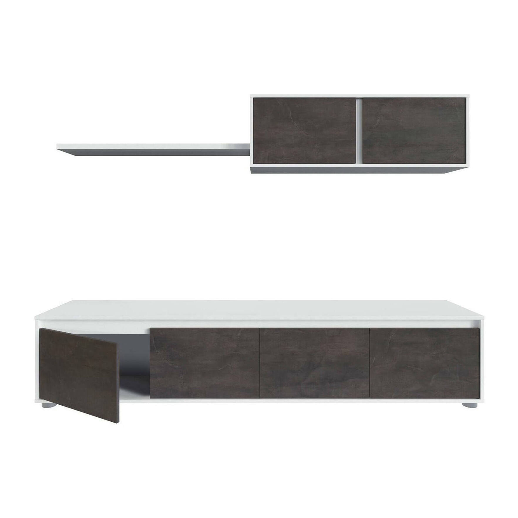 Parete attrezzata Amir, Mobile da soggiorno porta TV, Composizione set salotto, Set salotto con pensile, 200x41h43 cm, Bianco e Ossido