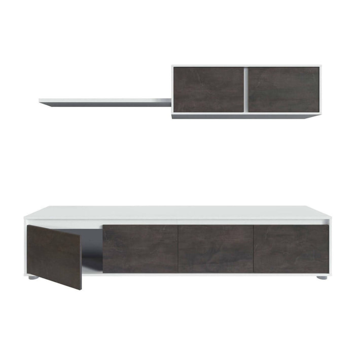 Parete attrezzata Amir, Mobile da soggiorno porta TV, Composizione set salotto, Set salotto con pensile, 200x41h43 cm, Bianco e Ossido