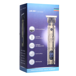 Regolabarba e capelli LM-300. Design vintage interamente in metallo. Con pettini da 1 a 3 mm e set di accessori. Batteria ricaricabile.