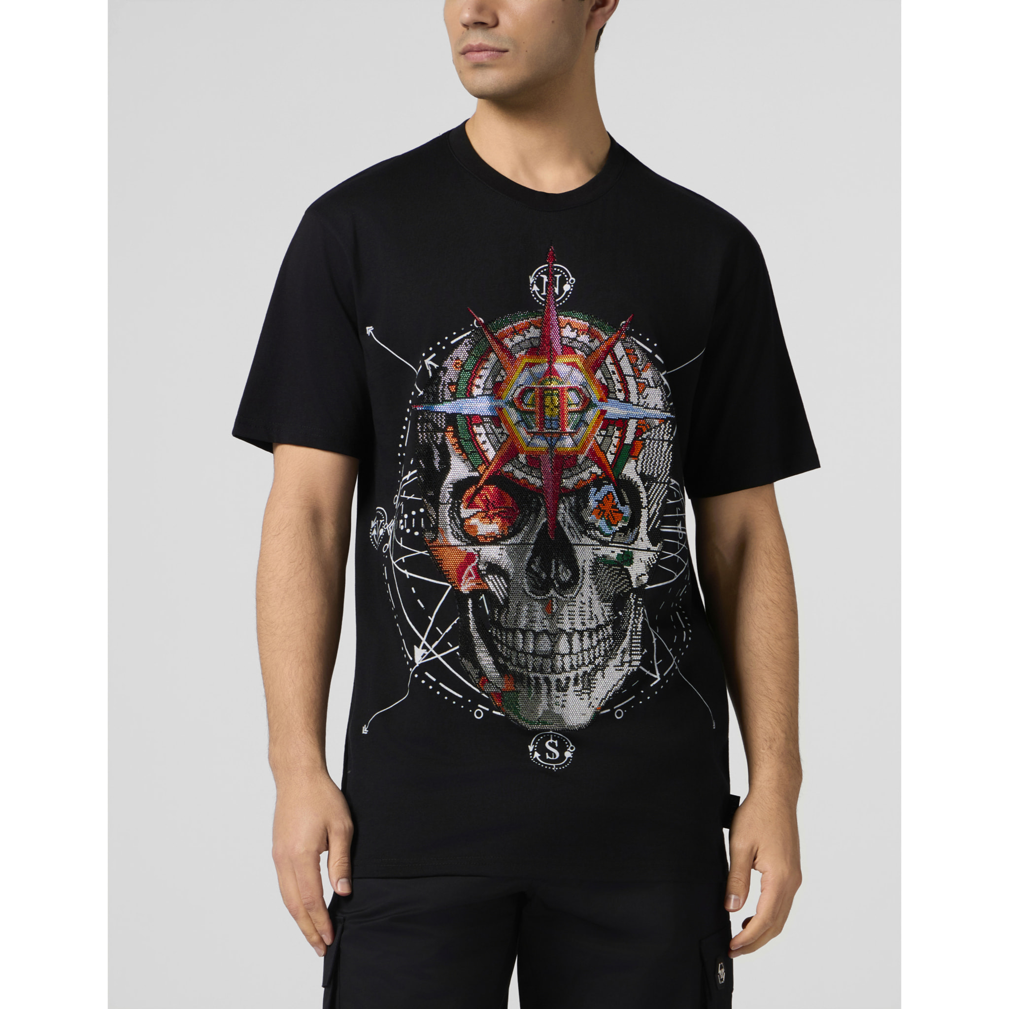 PHILIPP PLEIN Round Neck T-Shirt Wind Rose Skull Stones