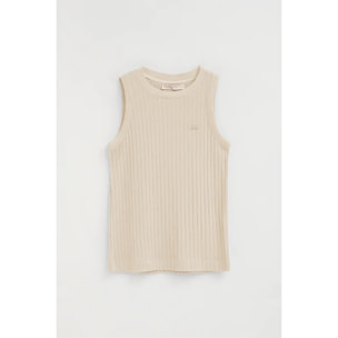 Camiseta sin mangas beige de canalé con logo Polo Club