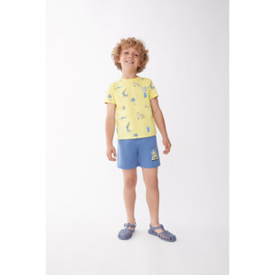 Conjunto Niño Verano 2 Piezas Camiseta Amarilla Manga Corta Estampada Safari + Bermudas Azules de Algodón Transpirable 100% Algodón | Color: Amarillo estampado | Street Monkey