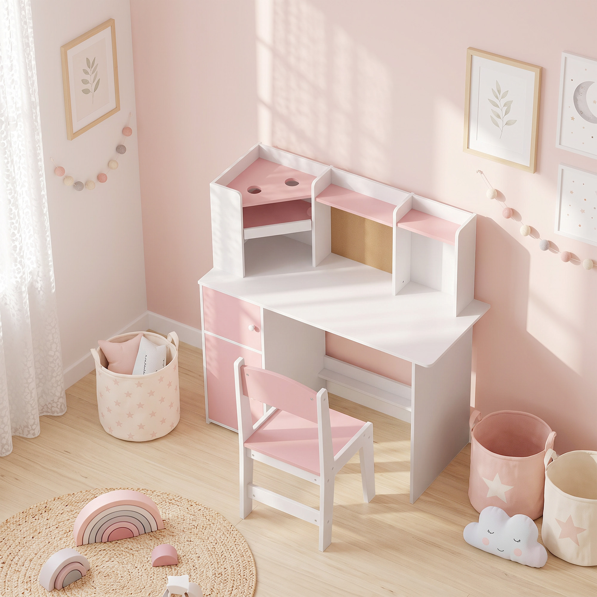 Bureau enfant chaise design multi-rangement avec panneau en liège blanc rose