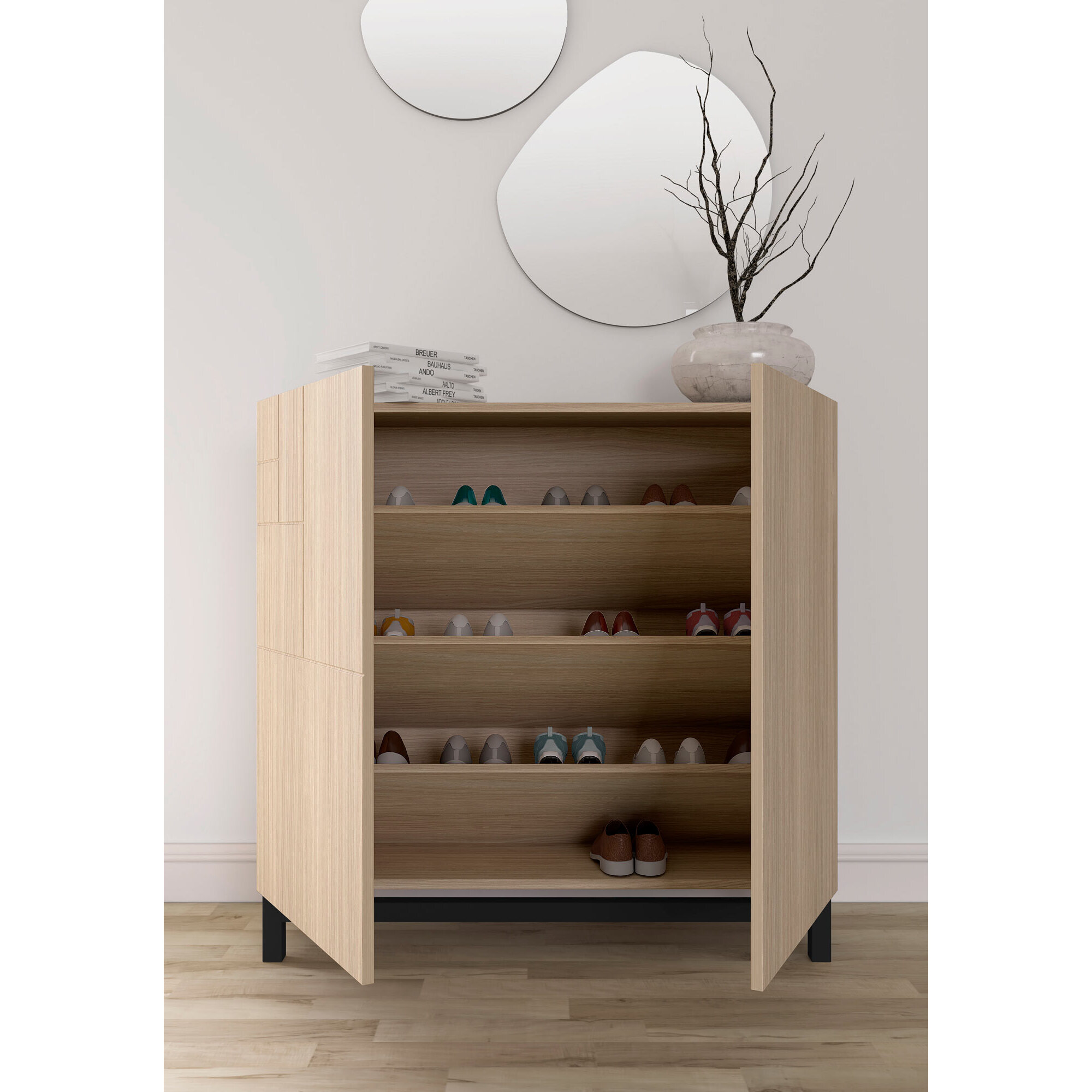 Zapatero Copenhague melamina nogal claro patas negro 90x90x27 cm