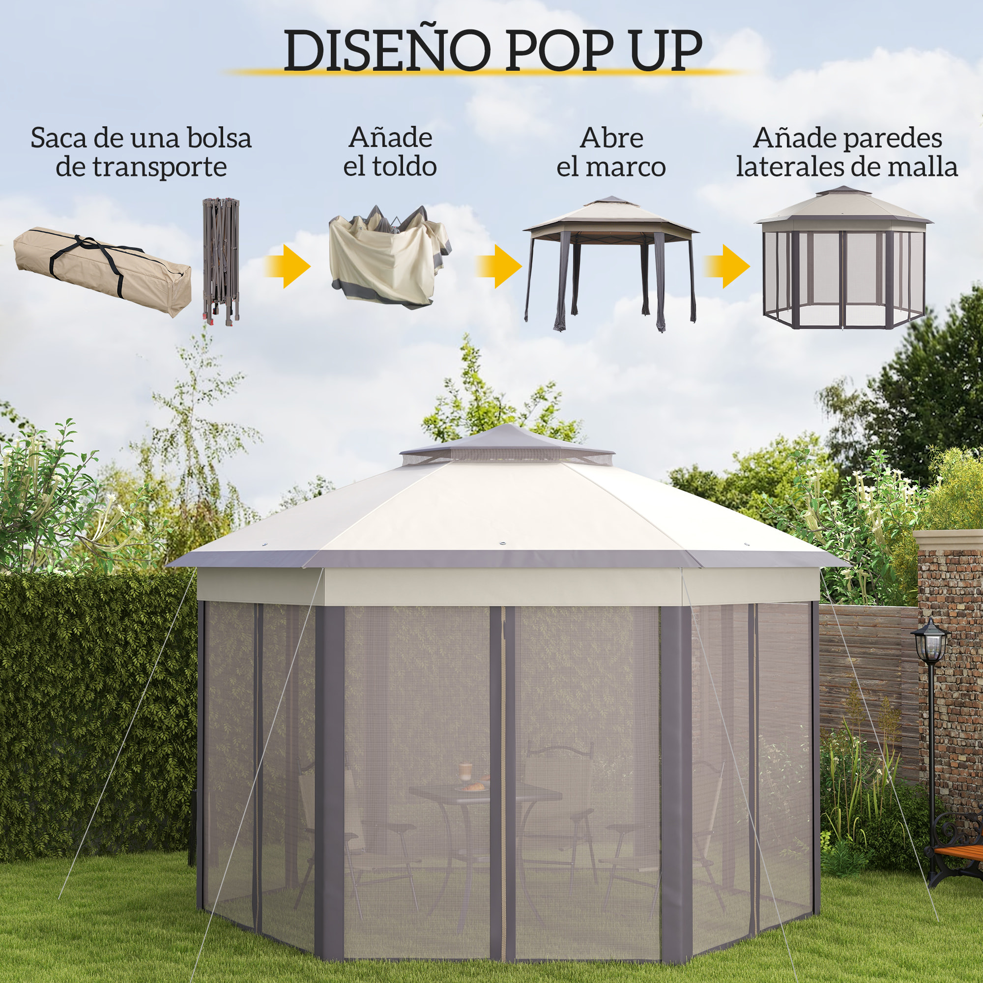 Carpa Plegable 4x3,4 m, Cenador de Jardín Hexagonal con Doble Techo, 6 Mosquiteras Extraíbles y Bolsa de Transporte, Impermeable, Anti-UV para Exterior, Fiestas, Marrón y Beige