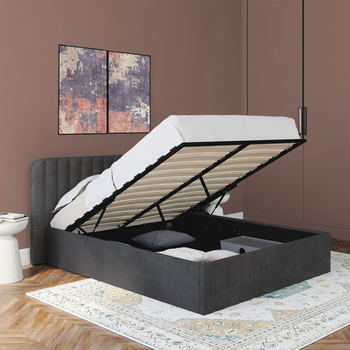Lit coffre Valentina avec sommier et tête de lit - Velours gris