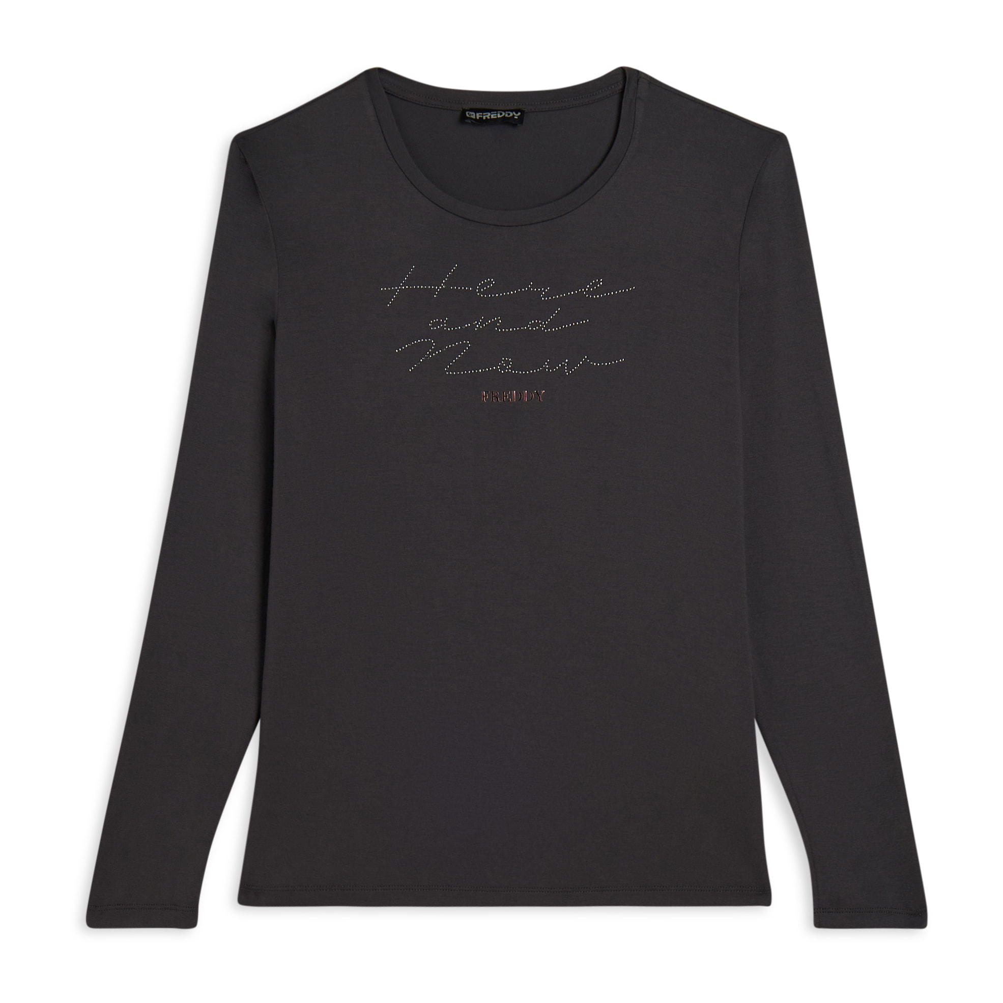 T-shirt donna manica lunga con scritta e strass