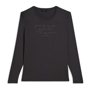 T-shirt donna manica lunga con scritta e strass