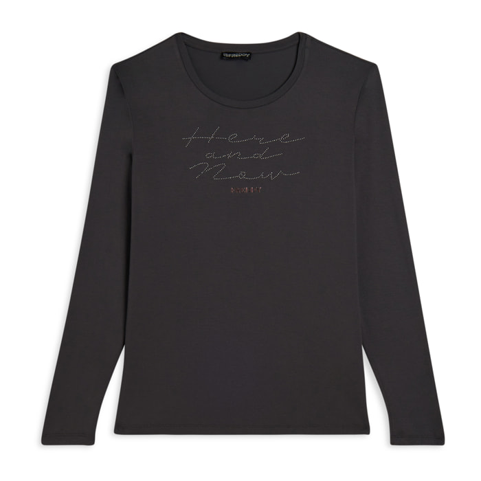T-shirt donna manica lunga con scritta e strass