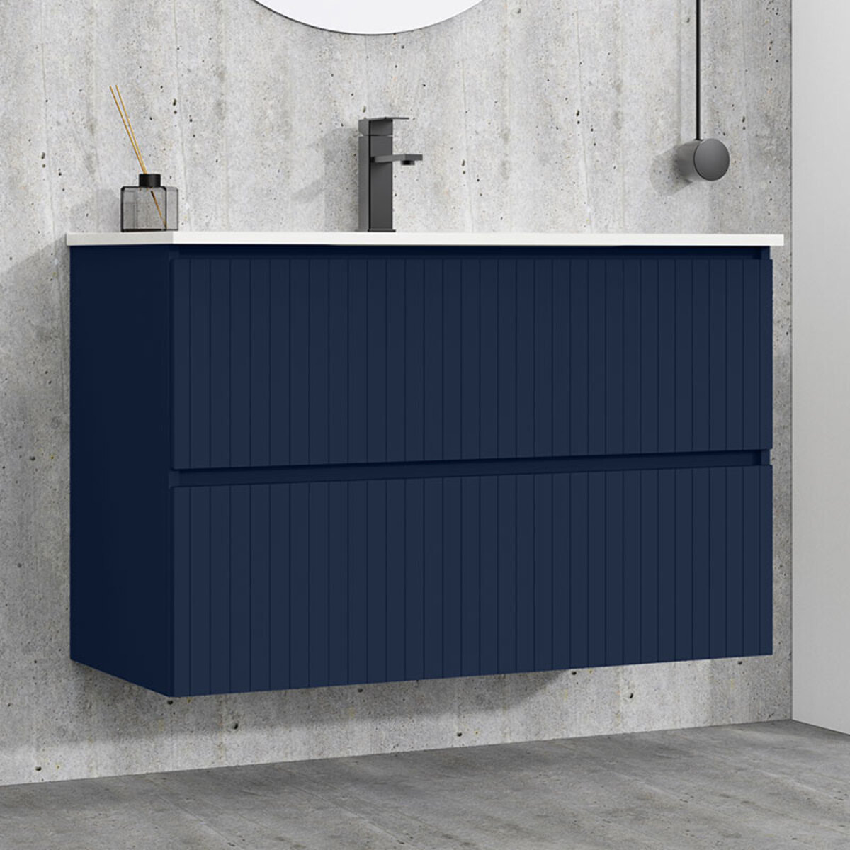 Conjunto de Baño Miya | Mueble de Baño Suspendido | 100 cm Azul| Dos Cajones | Lavabo Encastrado | No incluye Espejo | Alday