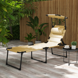 Tumbona Plegable, Tumbona Jardín Exterior con Toldo Ajustable, Respaldo Regulable en 4 Niveles, Reposacabezas, Cojín Grueso, para Terraza, Piscina, 70x200x45 cm, Crema