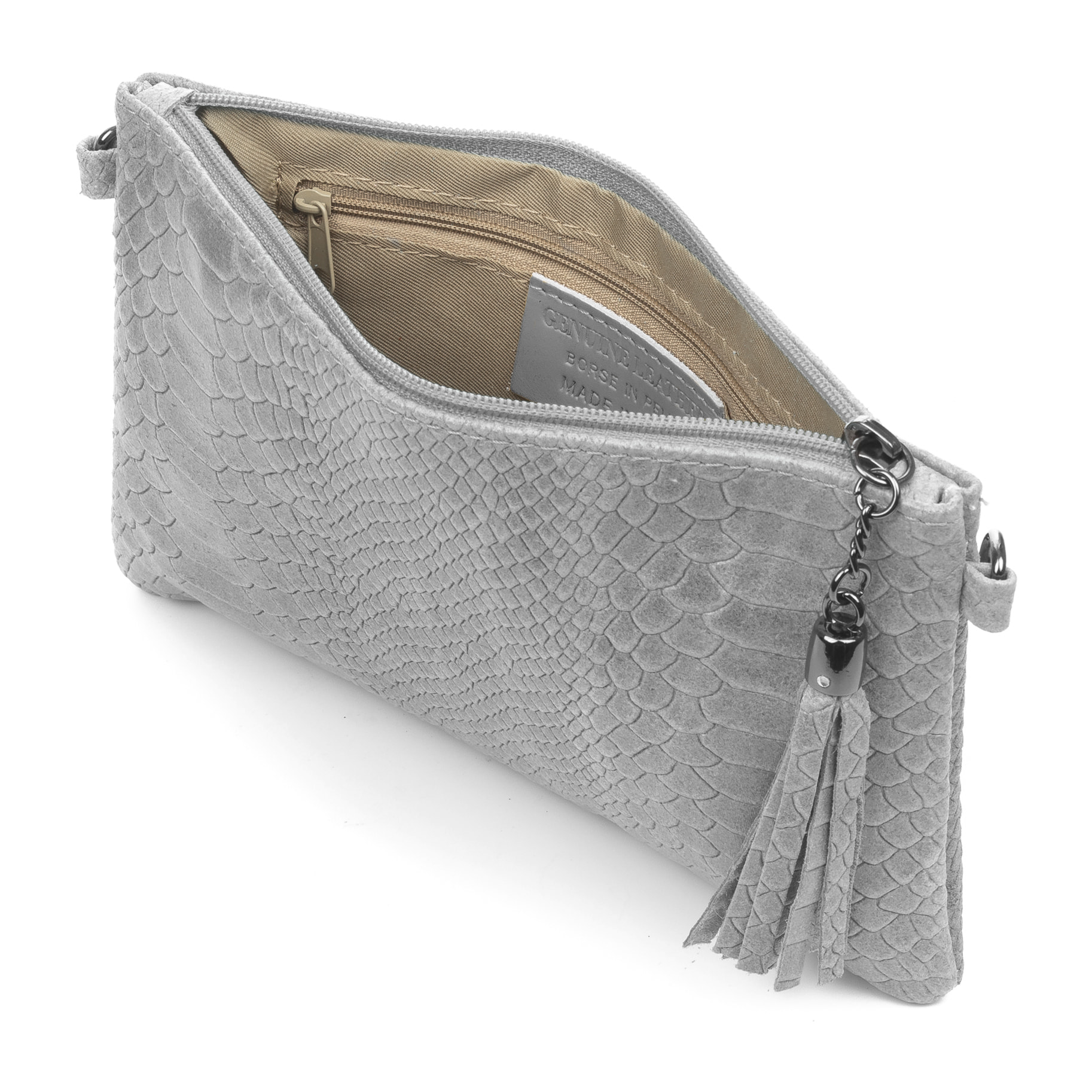 FIRENZE ARTEGIANI Borsa a Spalla da Donna Oleggio. Vera Pelle Scamosciata Incisione Serpente Made in Italy 23x4x15 Cm. Grigio