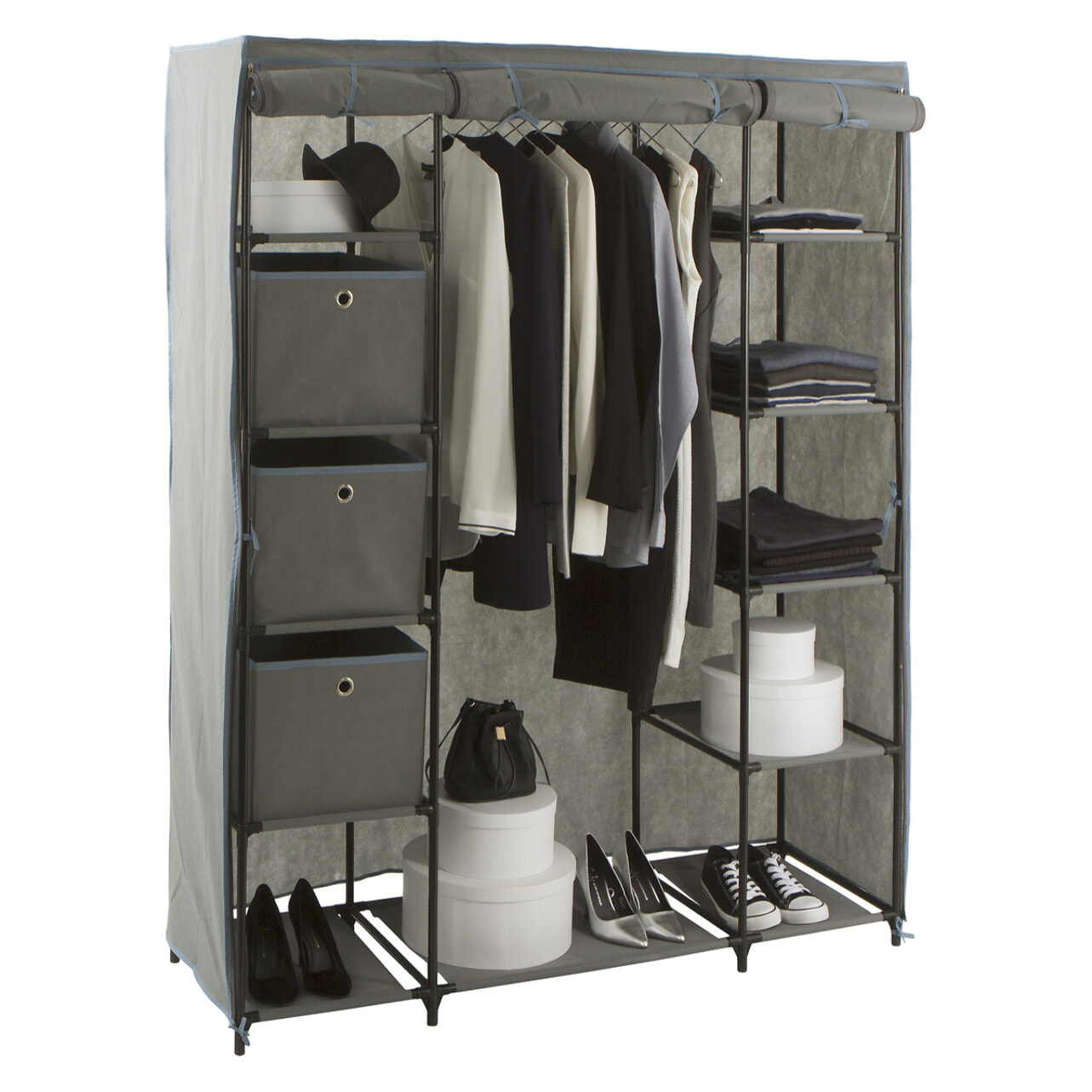 Armoire penderie 3 boîtes tissu gris anthracite