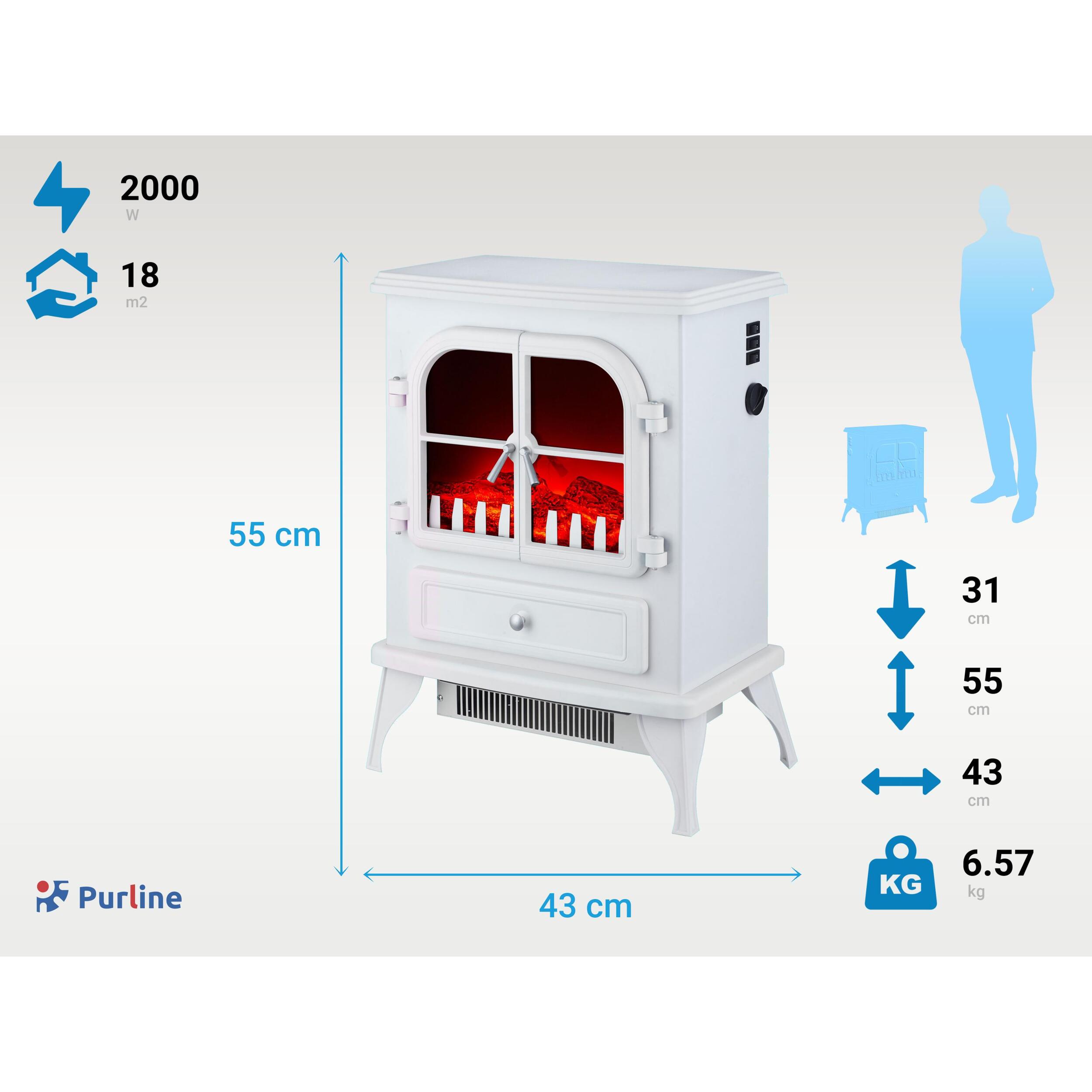 Cheminée électrique au sol 2000W style rétro en acier laqué blanc