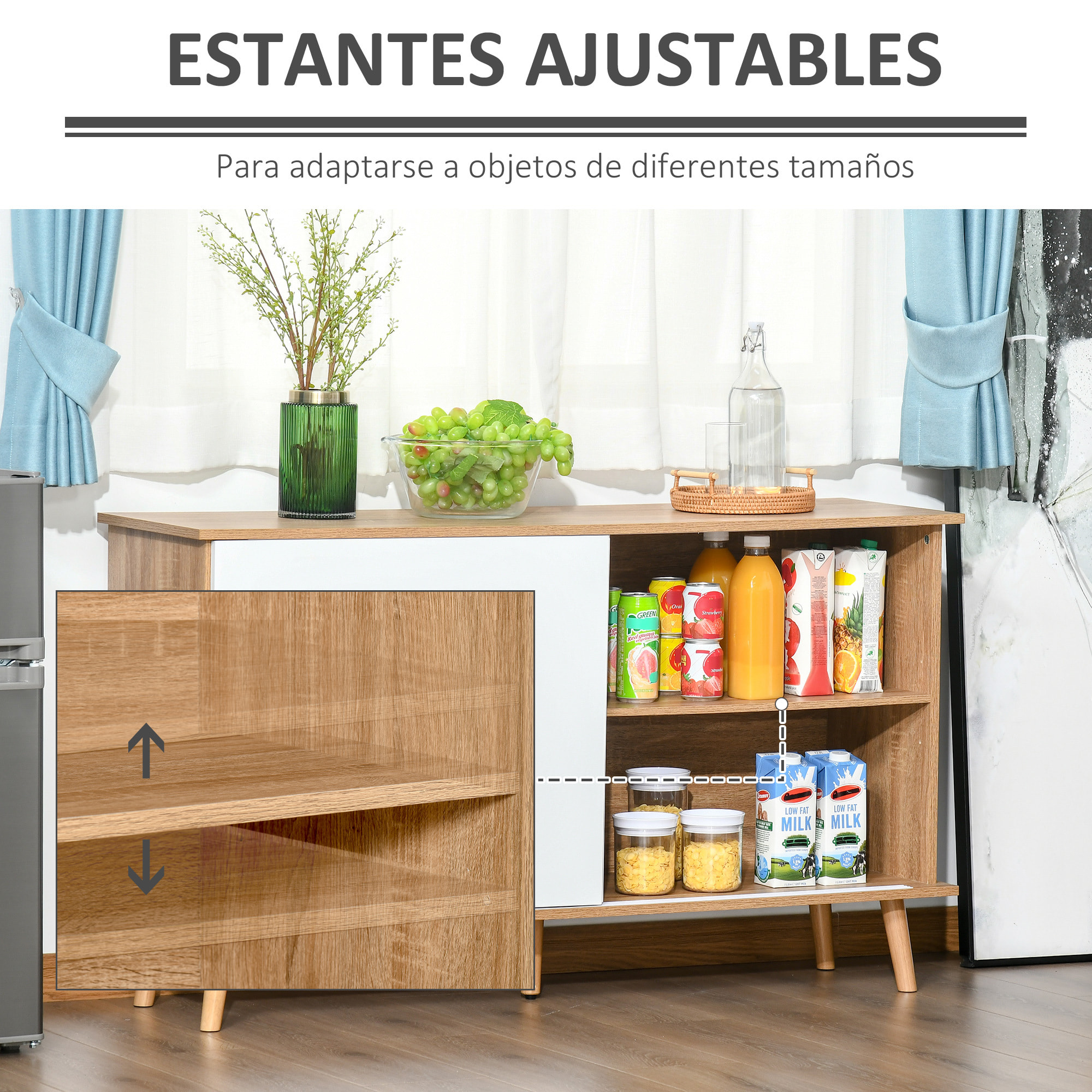 Mueble Aparador tipo Buffet para Comedor Cocina con 2 Puertas Correderas Estantes Interiores Ajustables y Patas de Madera 130x40x74,5 cm Natural y Blanco