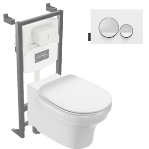 Pack WC suspendu sans bride à économie d'eau Cléo 1889 +  abattant + bâti-support + plaque ronde blanche