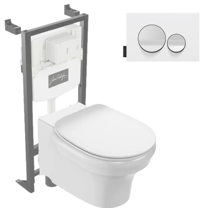 Pack WC suspendu sans bride à économie d'eau Cléo 1889 +  abattant + bâti-support + plaque ronde blanche